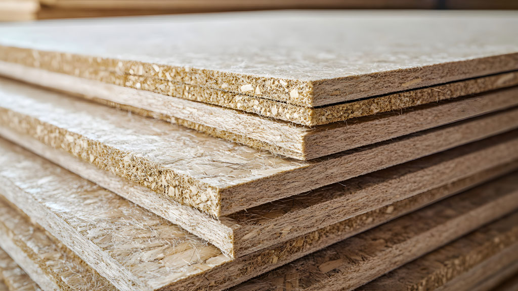 Stock de panneaux isolants biosourcés en entrepôt de matériaux construction