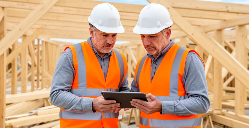 Techniciens BTP consultant tablette sur chantier ossature bois