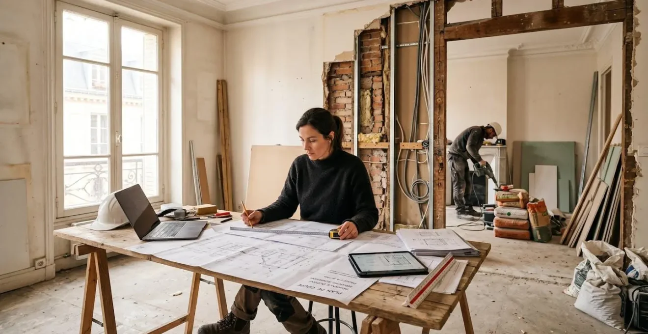 Architecte d'intérieur consultant des plans techniques sur une table de chantier lors d'une rénovation résidentielle avec cloison partiellement abattue en arrière-plan