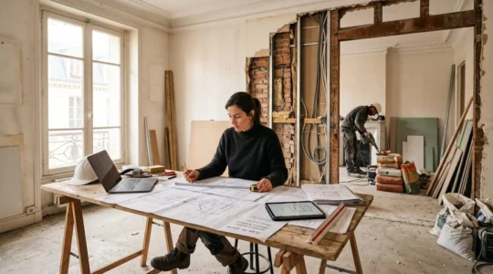 Architecte d'intérieur consultant des plans techniques sur une table de chantier lors d'une rénovation résidentielle avec cloison partiellement abattue en arrière-plan