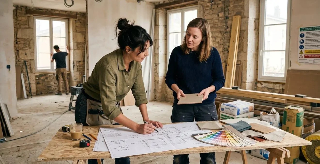 Deux professionnels de l'aménagement intérieur en discussion de travail sur un chantier de rénovation résidentielle consultant des documents techniques