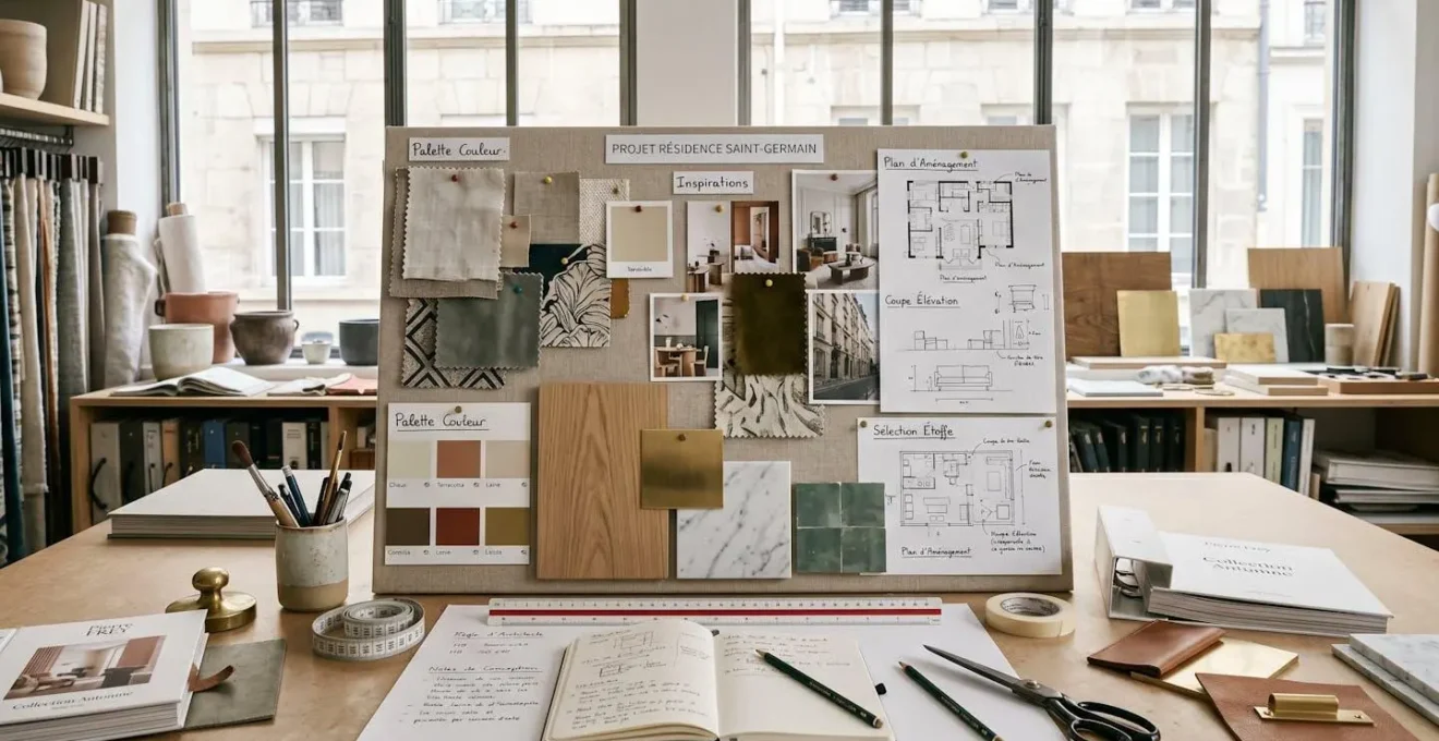 Table de travail de décorateur avec planche tendance présentant échantillons de tissus, nuancier de couleurs et matériaux pour projet d'aménagement intérieur
